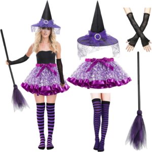 Witch Costume Women, 5PCS Halloween Costume with Hat Tutu Broom Striped Thigh Socks Gloves