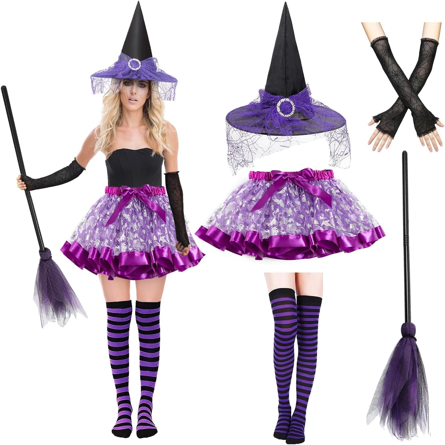 Witch Costume Women, 5PCS Halloween Costume with Hat Tutu Broom Striped Thigh Socks Gloves