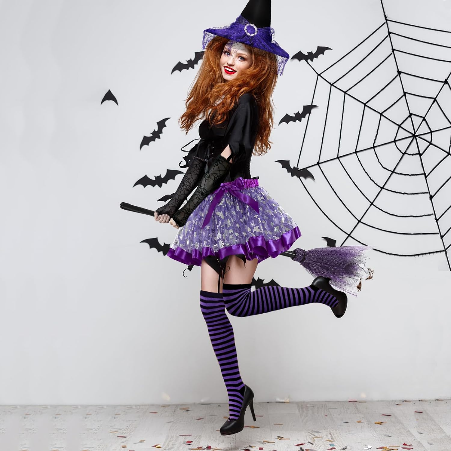 Witch Costume Women, 5PCS Halloween Costume with Hat Tutu Broom Striped Thigh Socks Gloves - Image 2