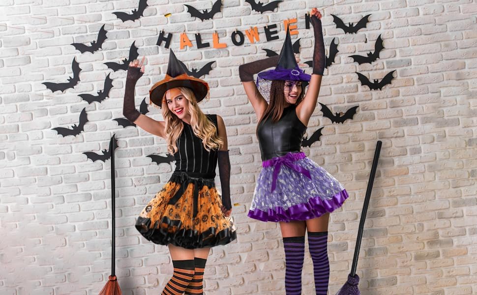 Witch Costume Women, 5PCS Halloween Costume with Hat Tutu Broom Striped Thigh Socks Gloves - Image 7