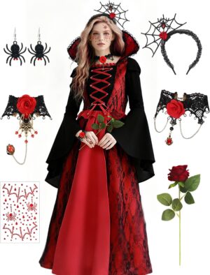 Vampire Costume for Women Gothic Vampire Dress with Accessories Necklace Bracelet Headband for Halloween Costume