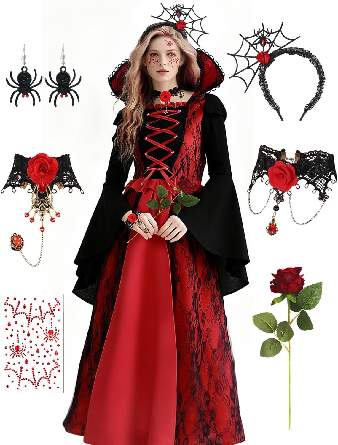 Vampire Costume for Women Gothic Vampire Dress with Accessories Necklace Bracelet Headband for Halloween Costume