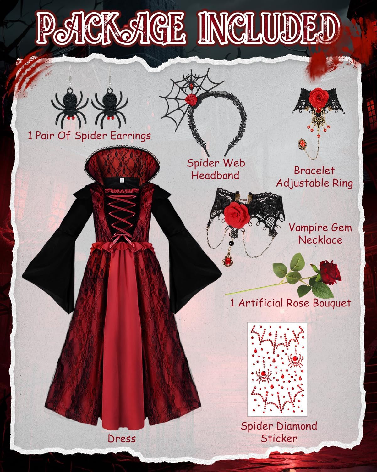 Vampire Costume for Women Gothic Vampire Dress with Accessories Necklace Bracelet Headband for Halloween Costume - Image 2
