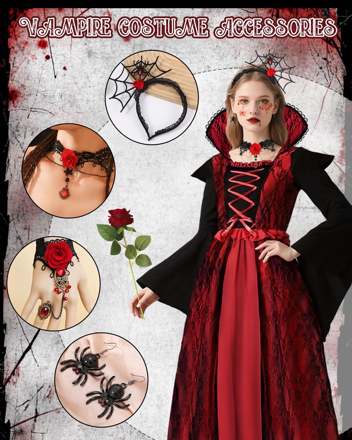Vampire Costume for Women Gothic Vampire Dress with Accessories Necklace Bracelet Headband for Halloween Costume - Image 3