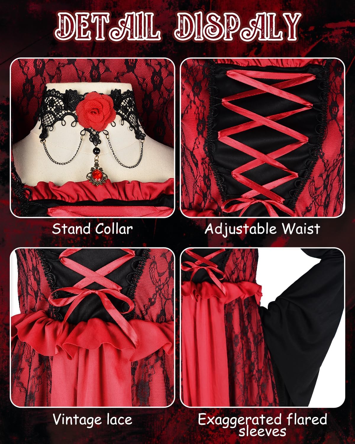 Vampire Costume for Women Gothic Vampire Dress with Accessories Necklace Bracelet Headband for Halloween Costume - Image 4