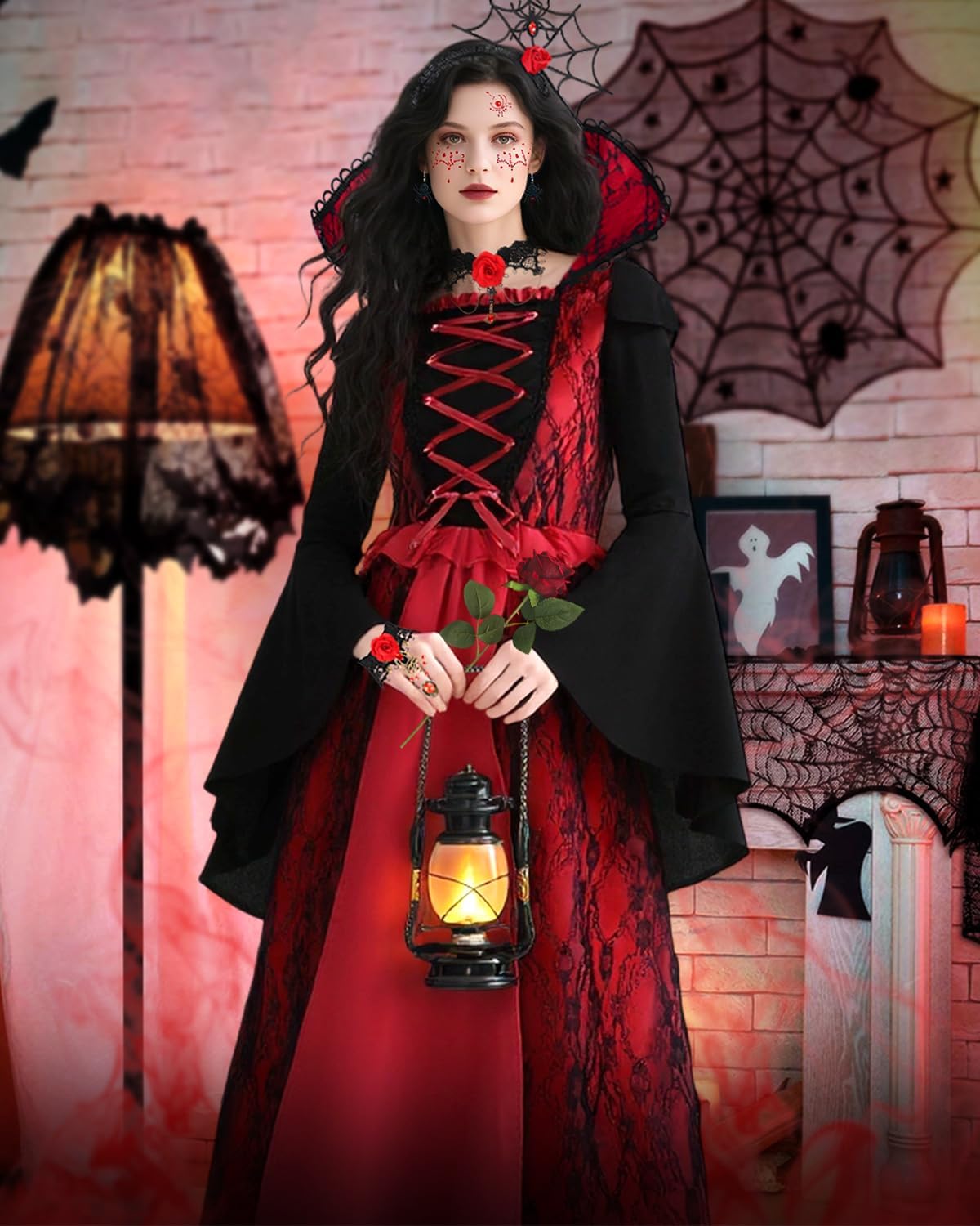Vampire Costume for Women Gothic Vampire Dress with Accessories Necklace Bracelet Headband for Halloween Costume - Image 5