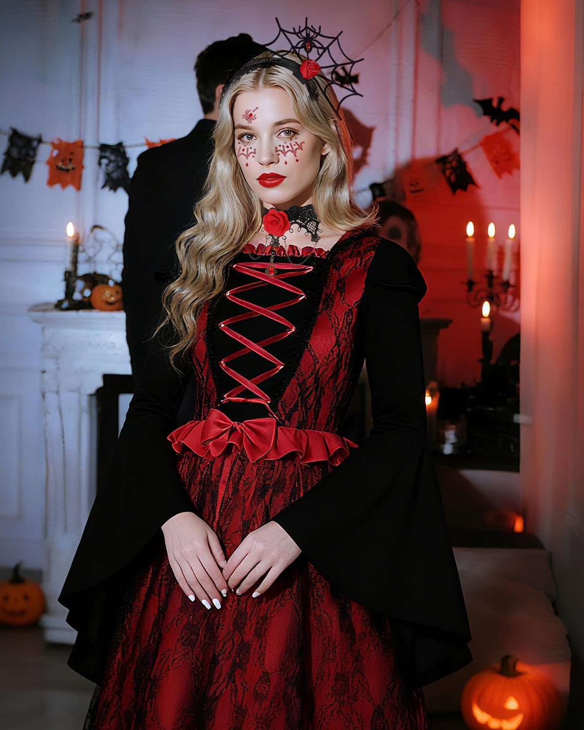 Vampire Costume for Women Gothic Vampire Dress with Accessories Necklace Bracelet Headband for Halloween Costume - Image 6