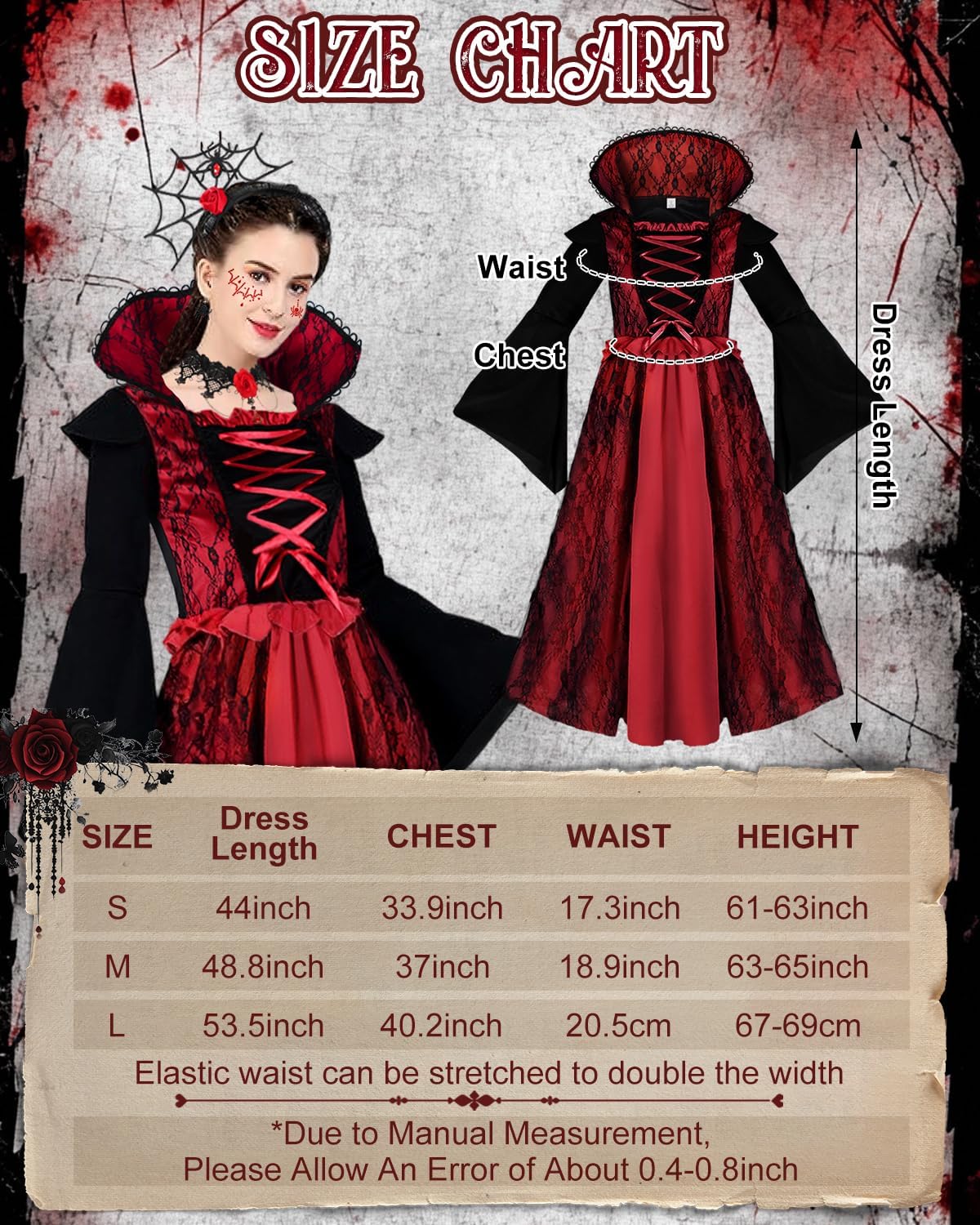 Vampire Costume for Women Gothic Vampire Dress with Accessories Necklace Bracelet Headband for Halloween Costume - Image 7