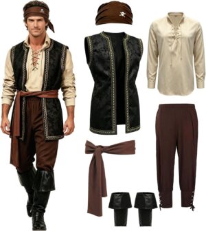 Men’s Pirate Costume, 6‑Piece Renaissance Halloween Cosplay Outfit