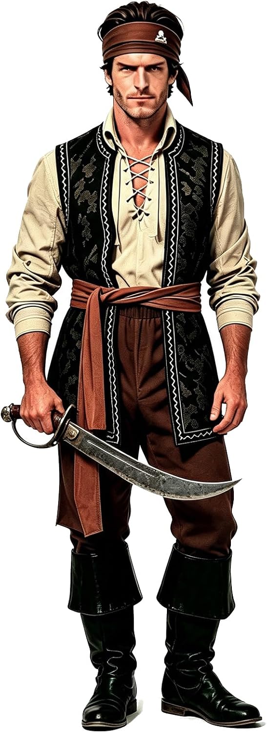 Men’s Pirate Costume, 6‑Piece Renaissance Halloween Cosplay Outfit - Image 4