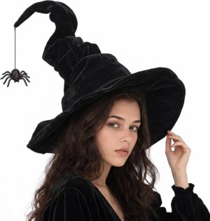 Black Witch Hat with Spider, Halloween Witches Hat for Women Costume Party