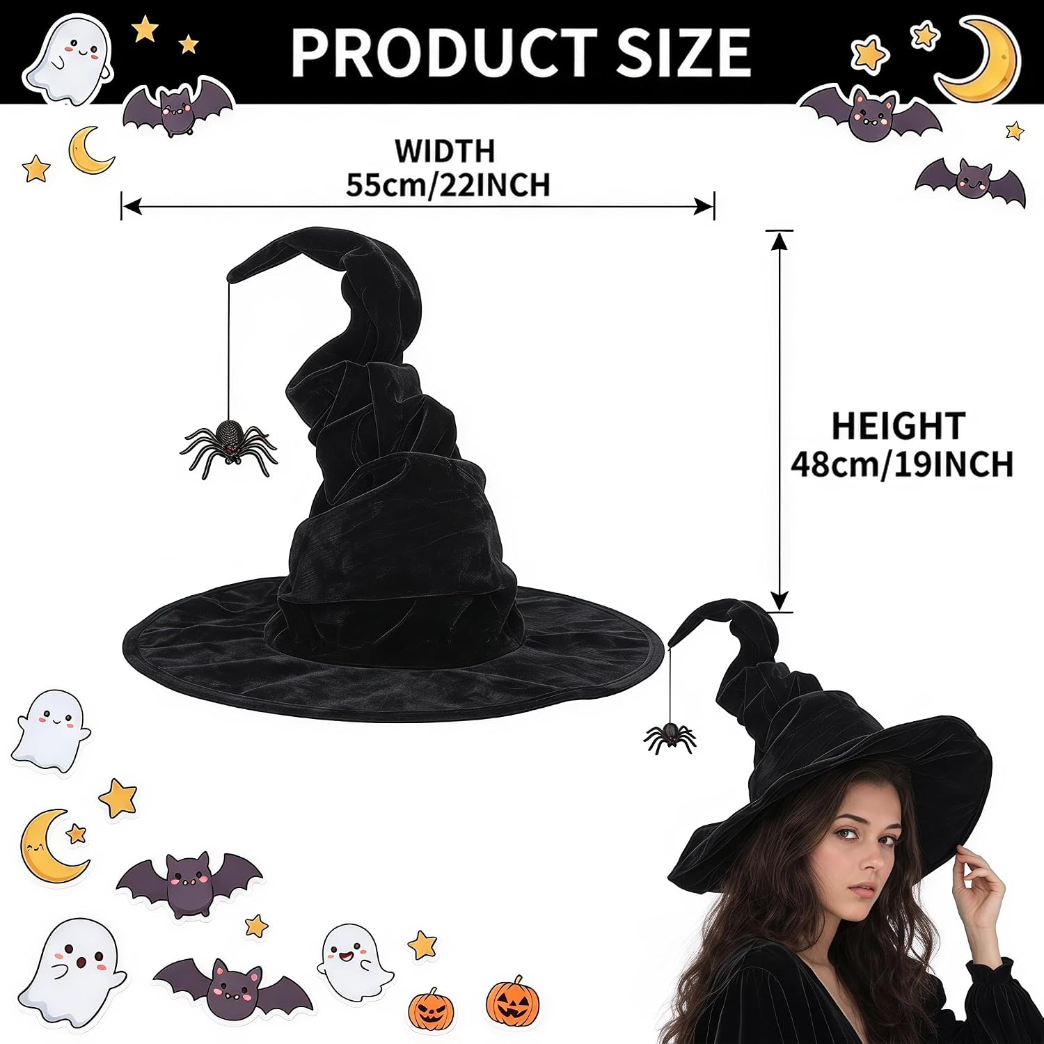 Black Witch Hat with Spider, Halloween Witches Hat for Women Costume Party - Image 3