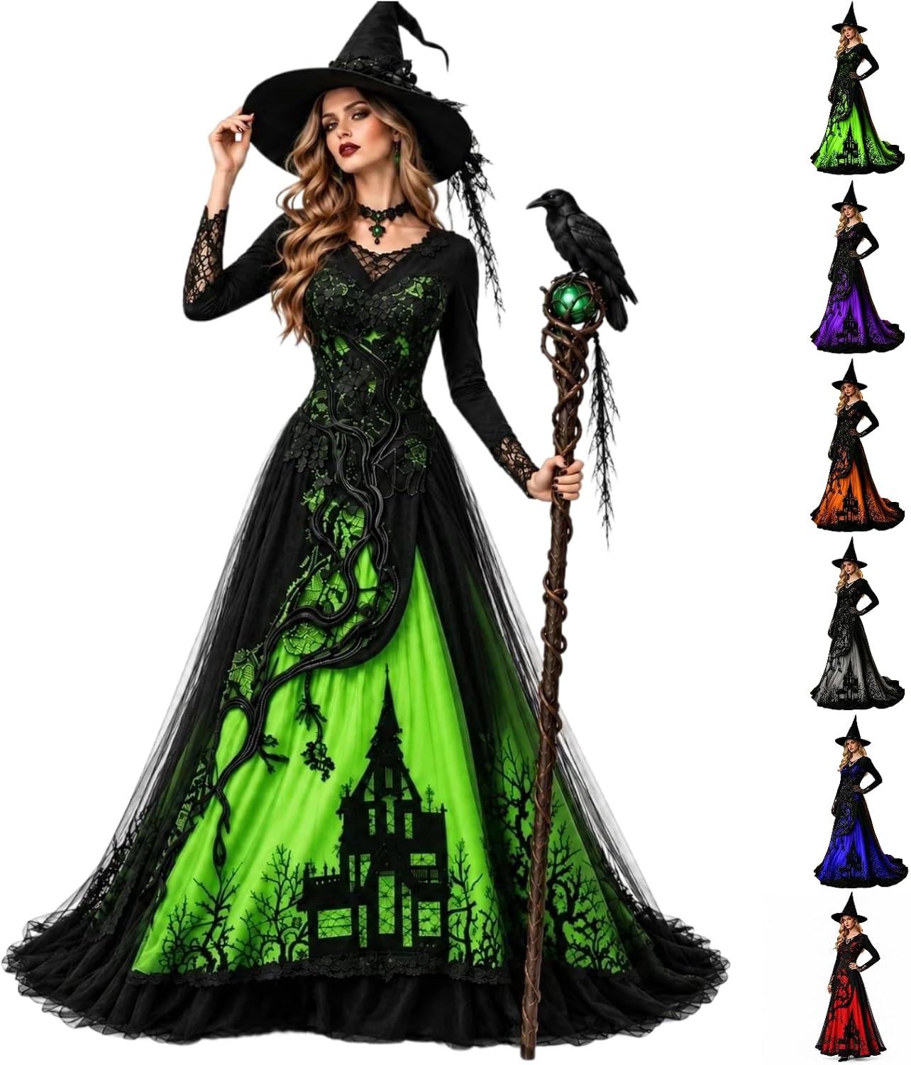 Witch Dress For Women Long Sleeve V Neck Slim Fit Halloween Dresses Medieval Renaissance Gothic Vampire Costumes