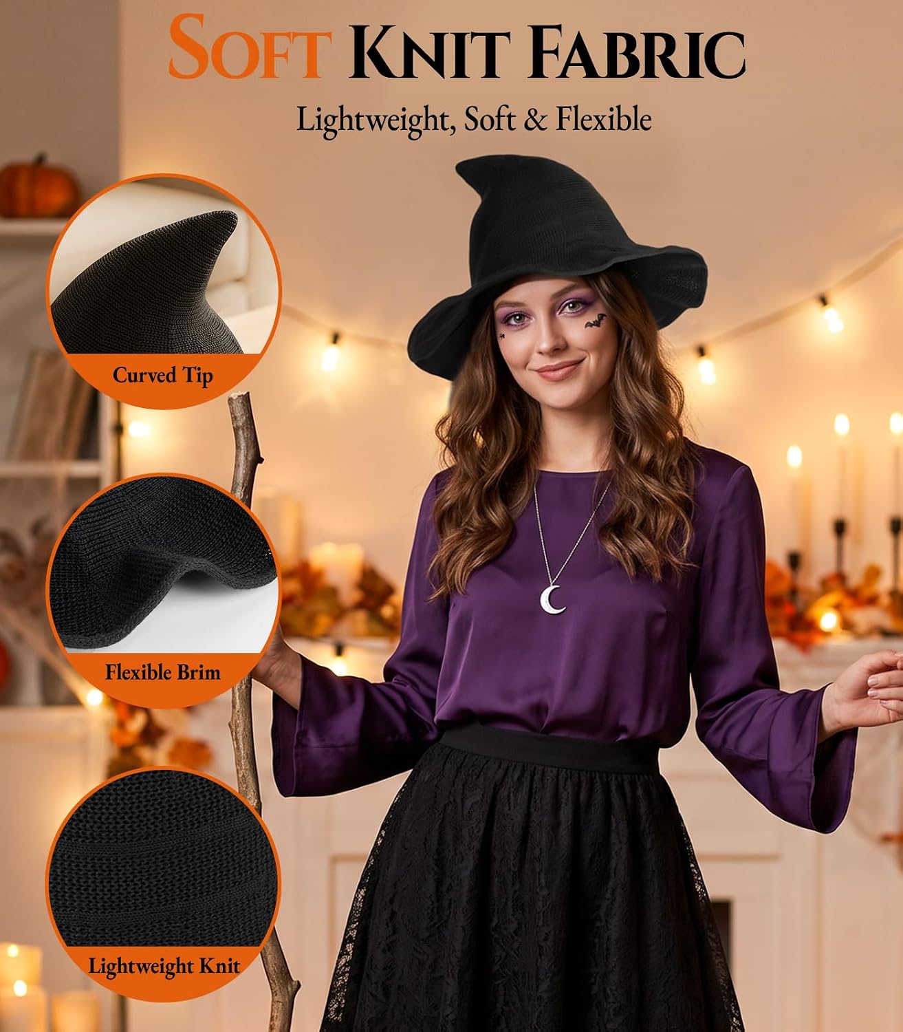 Halloween Witch Hat for Women, Knitted Adult Witch Hat for Halloween Party - Image 3